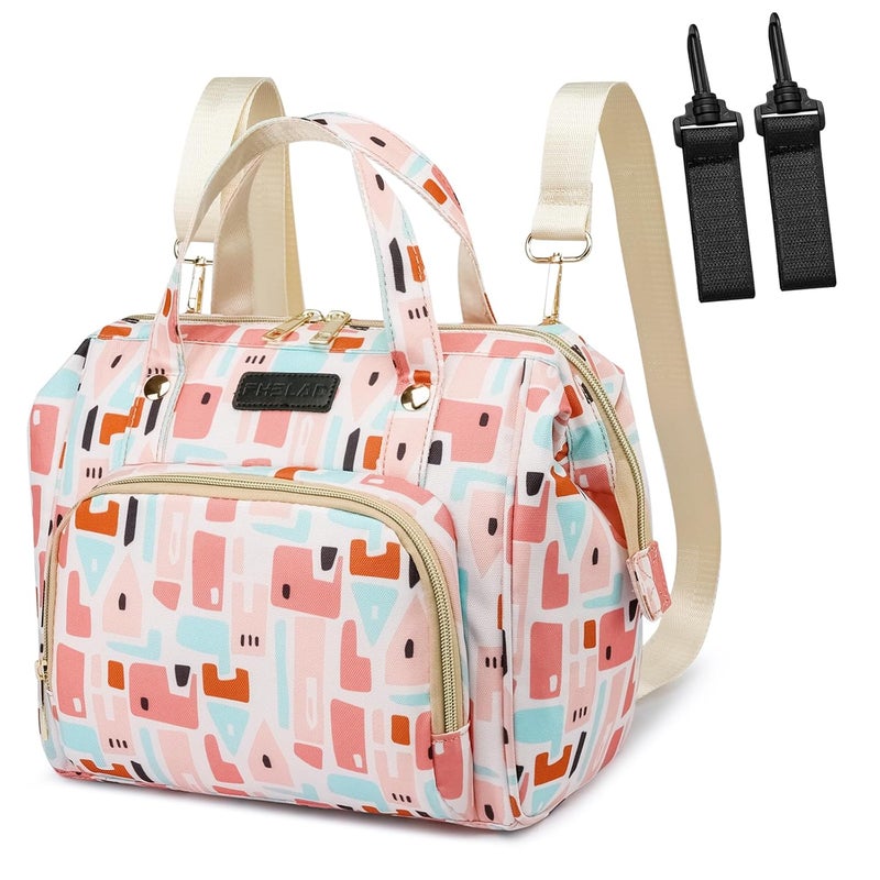 FHELAD Pink Small Diaper Bag Backpack Diaper Tote Bag Printed, Waterproof Multi-Function Mini Tote Maternity Bags Travel Backpacks with Insulated Pockets, Pink - Image 1